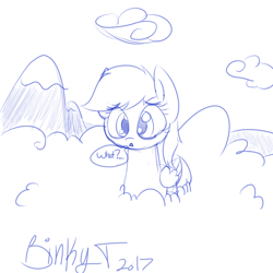 Size: 1024x1024 | Tagged: safe, artist:binkyt11, imported from derpibooru, rainbow dash, pegasus, pony, cloud, female, giant pony, lineart, macro, mare, monochrome, mountain, signature, simple background, sketch, speech, speech bubble, white background
