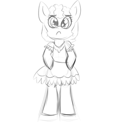 Size: 1024x1024 | Tagged: safe, artist:binkyt11, imported from derpibooru, oc, oc only, pony, bipedal, brat, clothes, dress, female, filly, looking at you, monochrome, simple background, sketch, solo, white background