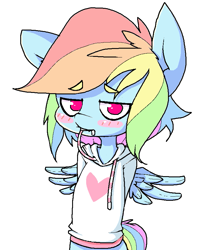 Size: 689x853 | Tagged: safe, artist:hoodie, imported from derpibooru, rainbow dash, anthro, pegasus, blushing, clothes, cute, dashabetes, female, hands behind back, hoodie, lace in mouth, looking at you, mare, solo