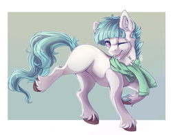 Size: 1271x1003 | Tagged: safe, artist:serenity, imported from derpibooru, oc, oc only, oc:rimfrost, pony, clothes, cute, male, one eye closed, pastel, scarf, simple background, solo, wink