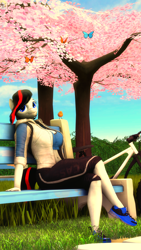 Size: 2160x3840 | Tagged: safe, artist:gbrushandpaint, imported from derpibooru, oc, oc only, oc:kimiko, anthro, bird, butterfly, plantigrade anthro, 3d, anthro oc, bicycle, breasts, clothes, crossed legs, female, grass, mare, shoes, sitting, smiling, source filmmaker, tree