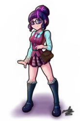 Size: 712x1080 | Tagged: safe, artist:the-park, imported from derpibooru, sci-twi, twilight sparkle, equestria girls, bag, breasts, clothes, crystal prep academy uniform, cute, female, glasses, human coloration, looking at you, necktie, school uniform, shoes, simple background, socks, solo, standing, twiabetes, white background