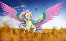 Size: 3682x2300 | Tagged: safe, artist:vinicius040598, imported from derpibooru, fluttershy, butterfly, pony, female, food, high res, rainbow power, solo, spread wings, wheat, wings