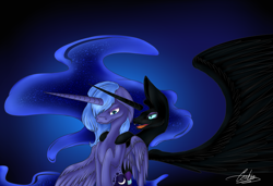 Size: 4000x2740 | Tagged: safe, artist:cerria, imported from derpibooru, nightmare moon, princess luna, alicorn, pony, duality, duo, female, floppy ears, mare, s1 luna