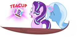 Size: 1280x615 | Tagged: safe, artist:uliks-uliks, imported from derpibooru, starlight glimmer, trixie, pony, unicorn, coffee mug, female, glowing horn, magic, mare, mug, simple background, that pony sure does love teacups, vector, white background