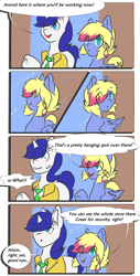 Size: 1255x2479 | Tagged: safe, artist:kenishra, imported from derpibooru, oc, oc only, pegasus, pony, unicorn, blushing, clothes, comic, female, innuendo, male, mare, necktie, open mouth, shirt, smiling, stallion