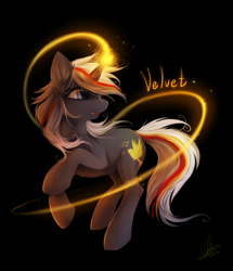 Size: 875x1016 | Tagged: safe, artist:hioshiru, imported from derpibooru, oc, oc only, oc:velvet remedy, pony, unicorn, fallout equestria, black background, female, magic, mare, open mouth, signature, simple background, solo