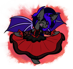 Size: 1666x1572 | Tagged: safe, artist:nekro-led, imported from derpibooru, oc, oc only, oc:moonshadow, bat pony, pony, bipedal, clothes, curtsey, dress, ear piercing, earring, jewelry, piercing