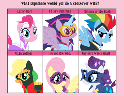 Size: 850x655 | Tagged: source needed, safe, imported from derpibooru, applejack, fili-second, fluttershy, masked matter-horn, mistress marevelous, pinkie pie, radiance, rainbow dash, rarity, saddle rager, twilight sparkle, zapp, alicorn, pony, 6 pony meme, mane six, meme, power ponies, twilight sparkle (alicorn), veggietales