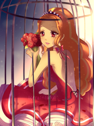 Size: 761x1016 | Tagged: safe, artist:lorrainiaful, imported from derpibooru, adagio dazzle, human, birdcage, bouquet, clothes, dress, female, flower, humanized, rear view, rose, solo, watermark