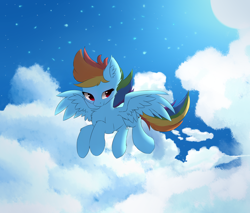 Size: 2000x1700 | Tagged: safe, artist:morningbullet, imported from derpibooru, rainbow dash, pegasus, pony, chest fluff, cloud, ear fluff, female, flying, lidded eyes, mare, moon, night, sky, smiling, solo, spread wings, stars, wings