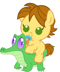 Size: 836x1017 | Tagged: safe, artist:red4567, imported from derpibooru, gummy, oc, oc:mandopony, pony, baby, baby pony, cute, mandopony, pacifier, ponies riding gators, riding, simple background, white background