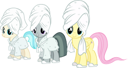 Size: 5134x2730 | Tagged: safe, artist:ironm17, imported from derpibooru, coco pommel, fluttershy, marble pie, earth pony, pegasus, pony, absurd resolution, bathrobe, clothes, female, simple background, slippers, the council of shy ponies, towel, transparent background, trio, trio female, vector