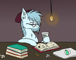 Size: 1260x1000 | Tagged: safe, imported from derpibooru, oc, oc only, pony, beanie, book, coffee, coffee mug, commission, computer, desk, ear piercing, earring, female, food, glasses, hat, hipster, jewelry, laptop computer, lightbulb, macbook, mare, mug, pear, piercing, solo, starbucks, studying, vintage, ych result