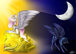 Size: 4747x3370 | Tagged: safe, artist:cerria, imported from derpibooru, princess celestia, princess luna, alicorn, pony, absurd resolution, duo, fangs, female, jealous, jealous luna, mare, resentment, s1 luna, shadow