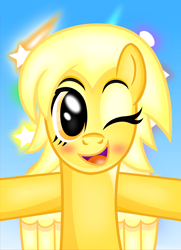 Size: 3872x5340 | Tagged: safe, artist:nupiethehero, imported from derpibooru, oc, oc only, oc:solar flare, pony, absurd resolution, anime lighting, detailed, hug, looking at you, one eye closed, wings, wink