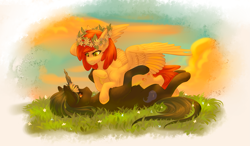 Size: 3415x2000 | Tagged: safe, artist:nightskrill, imported from derpibooru, oc, oc only, pegasus, pony, unicorn, colt, commission, female, floral head wreath, flower, grass, looking at each other, lying down, male, mare, oc x oc, on back, prone, shipping, smiling, straight