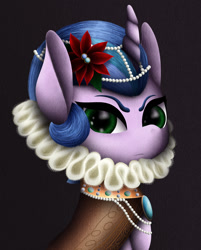 Size: 1024x1271 | Tagged: safe, artist:muddy-waters, imported from derpibooru, oc, oc only, oc:princess vesper, pony, clothes, collar, curved horn, dress, elizabethan, flower, flower in hair, ruff (clothing), solo