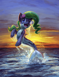 Size: 900x1158 | Tagged: safe, artist:tsitra360, imported from derpibooru, oc, oc only, oc:marina (efnw), merpony, orca pony, original species, female, jumping, looking at you, mare, solo, sunset, water