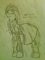 Size: 960x1280 | Tagged: safe, artist:derpanater, imported from derpibooru, oc, oc only, oc:littlepip, pony, unicorn, fallout equestria, armor, clothes, coat, dripping, eyes closed, fanfic, fanfic art, female, floppy ears, hooves, horn, jumpsuit, mare, pipbuck, rain, simple background, smiling, solo, standing in the rain, traditional art, vault suit, white background