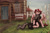 Size: 1443x938 | Tagged: safe, artist:koviry, imported from derpibooru, oc, oc only, oc:cherry blossom, oc:shurelya, pegasus, pony, unicorn, cottagecore, door, duo, eyes closed, female, house, lesbian, mare, oc x oc, rural, shipping, smiling, smoke
