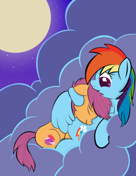 Size: 2550x3300 | Tagged: safe, artist:skyflys, imported from derpibooru, rainbow dash, scootaloo, pegasus, pony, cloud, cute, cutealoo, duo, duo female, female, fixed, hug, moon, night, scootalove, snuggling, wing blanket