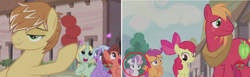 Size: 1546x474 | Tagged: safe, edit, edited screencap, imported from derpibooru, screencap, apple bloom, big macintosh, dear darling, feather bangs, fond feather, scootaloo, sweetie belle, swoon song, earth pony, pony, hard to say anything, bedroom eyes, bimbettes, excited, frown, male, smiling, stallion, unamused, wavy mouth, worried