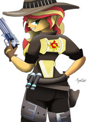 Size: 1024x1357 | Tagged: safe, artist:missmayaleanne, imported from derpibooru, sunset shimmer, equestria girls, crossover, female, grin, gun, jesse mccree, looking at you, overwatch, simple background, smiling, solo, transparent background, weapon