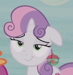 Size: 367x373 | Tagged: safe, imported from derpibooru, screencap, sweetie belle, pony, hard to say anything, lidded eyes, treehouse logo