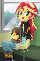 Size: 500x760 | Tagged: safe, artist:ta-na, imported from derpibooru, sunset shimmer, human, equestria girls, backpack, bronybait, bus, clothes, cute, female, jacket, leather jacket, looking at you, open mouth, school bus, schoolbag, seat, shimmerbetes, sitting, solo