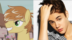 Size: 1366x768 | Tagged: safe, imported from derpibooru, screencap, feather bangs, earth pony, human, pony, hard to say anything, irl, irl human, justin bieber, male, photo, stallion