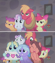 Size: 1228x1392 | Tagged: safe, imported from derpibooru, screencap, apple bloom, big macintosh, scootaloo, sweetie belle, earth pony, pony, hard to say anything, bimbettes, cutie mark crusaders, jealous, lip bite, male, rebus, stallion