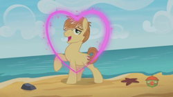 Size: 1366x764 | Tagged: safe, imported from derpibooru, screencap, feather bangs, earth pony, pony, hard to say anything, beach, heart, looking at you, love, male, solo, stallion