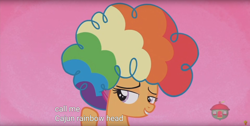 Size: 1920x970 | Tagged: safe, imported from derpibooru, screencap, scootaloo, pony, hard to say anything, agent rainbow head, clown wig, meme, youtube caption