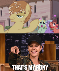 Size: 1330x1600 | Tagged: safe, edit, edited screencap, imported from derpibooru, screencap, dear darling, feather bangs, fond feather, swoon song, earth pony, human, pony, hard to say anything, bimbettes, exploitable meme, heart, image macro, justin bieber, male, meme, stallion, that's my pony, that's my x