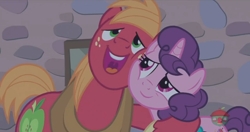 Size: 1366x722 | Tagged: safe, imported from derpibooru, screencap, big macintosh, sugar belle, earth pony, pony, hard to say anything, cheek to cheek, cuddling, embrace, female, hug, huzzle, male, mare, rubbing cheeks, shipping, singing, stallion, straight, sugarmac