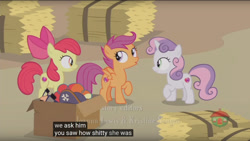 Size: 960x540 | Tagged: safe, edit, edited screencap, imported from derpibooru, screencap, apple bloom, scootaloo, sweetie belle, pony, hard to say anything, caption, cutie mark crusaders, meme, vulgar, youtube caption