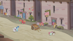 Size: 1366x768 | Tagged: safe, imported from derpibooru, screencap, apple bloom, big macintosh, double diamond, feather bangs, ivy vine, party favor, scootaloo, sugar belle, super funk, sweetie belle, earth pony, pony, hard to say anything, cutie mark crusaders, male, our town, stallion, sugarbangs