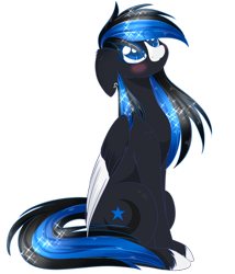 Size: 1024x1198 | Tagged: safe, artist:little-sketches, artist:php146, imported from derpibooru, oc, oc only, oc:nocturnal skies, pegasus, pony, art trade, blue eyes, blushing, colored pupils, eye clipping through hair, female, looking up, mare, simple background, sitting, solo, transparent background