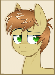 Size: 889x1200 | Tagged: safe, artist:higgly-chan, imported from derpibooru, feather bangs, earth pony, pony, hard to say anything, colored pupils, green eyes, male, simple background, smiling, solo, stallion