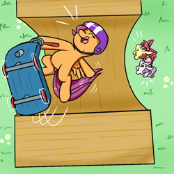 Size: 1000x1000 | Tagged: safe, artist:espeonna, imported from derpibooru, apple bloom, scootaloo, sweetie belle, oc, earth pony, pegasus, pony, cutie mark crusaders, half pipe, half-pipe, happy, helmet, ramp, scooter