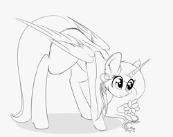 Size: 1024x816 | Tagged: safe, artist:little-sketches, artist:php146, imported from derpibooru, oc, oc only, alicorn, pony, eye clipping through hair, female, flower, mare, monochrome, sketch, solo