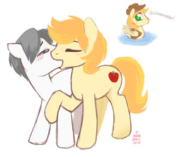 Size: 1200x1060 | Tagged: safe, artist:onnanoko, imported from derpibooru, braeburn, oc, duck pony, earth pony, pony, blushing, canon x oc, explicit source, gay, male, stallion, surprised