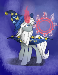 Size: 1280x1646 | Tagged: safe, artist:espeonna, imported from derpibooru, star swirl the bearded, pony, unicorn, abstract background, beard, bell, cloak, clothes, facial hair, glowing horn, hat, horn, magic, magic aura, male, solo, stallion