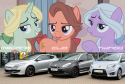 Size: 1236x829 | Tagged: safe, edit, edited screencap, imported from derpibooru, screencap, dear darling, fond feather, swoon song, pony, hard to say anything, bimbettes, car, renault, renault clio, renault megane, renault twingo, trio