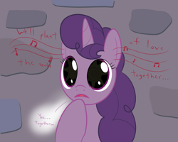 Size: 1000x800 | Tagged: safe, artist:mightyshockwave, imported from derpibooru, sugar belle, pony, hard to say anything, dialogue, dilated pupils, female, hypnosis, hypnotized, implied big macintosh, singing, solo, song, swirly eyes