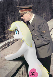 Size: 850x1228 | Tagged: safe, artist:pony quarantine, edit, imported from derpibooru, oc, oc:aryanne, dog, earth pony, german shepherd, human, pony, adolf hitler, blonde, blondi, cutie mark, duo, female, grimdark in the comments, irl, irl human, mare, nazi, photo, pointing, ponified animal photo, swastika, wall