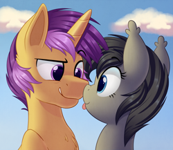 Size: 962x835 | Tagged: safe, artist:thegamblehorse, imported from derpibooru, oc, oc only, oc:seachell, oc:sharkbutt, bat pony, pony, unicorn, :p, boop, cloud, female, grin, looking at each other, male, mare, noseboop, oc x oc, sharkchell, shipping, sky, smiling, stallion, straight, tongue out