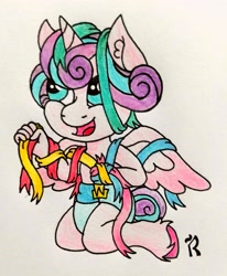 Size: 2821x3417 | Tagged: safe, artist:dawn-designs-art, imported from derpibooru, princess flurry heart, anthro, unguligrade anthro, baby, diaper, female, open mouth, ribbon, solo, traditional art, unshorn fetlocks