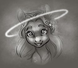 Size: 946x820 | Tagged: safe, artist:spirit-alu, imported from derpibooru, oc, oc only, pony, bust, chest fluff, grayscale, halo, monochrome, portrait, smiling, solo, starry eyes, stars, wingding eyes